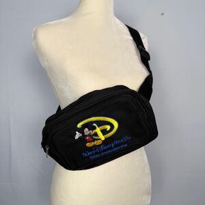 Vtg Disney World Fanny Pack Waist Bag Black Mickey Mouse Embroidered Canvas
